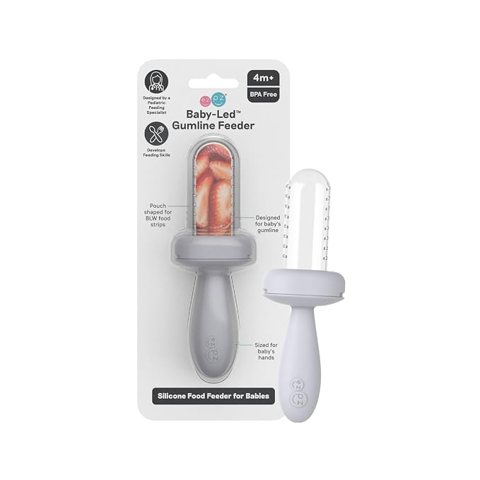 ezpz Baby Feeding Bundle – Tiny Spoon (2-Pack, Pewter) + Gumline Feeder (Sage) – 100% Silicone Baby-Led Weaning Set for 4–6+ Months – Infant Feeding Essentials