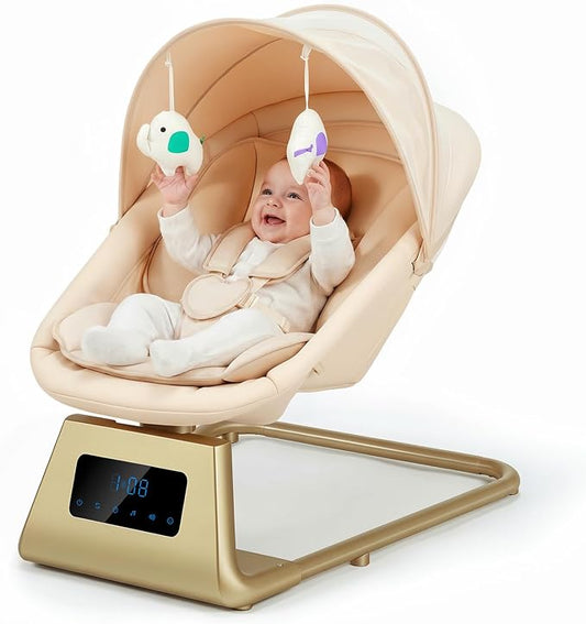 Pamo Babe Portable Baby Swing - Electric Baby Rocker with Cry Detection, 5 Swing Speeds, Bluetooth & Remote Control, Adjustable Backrest, Indoor & Outdoor Swing Chair for Newborn Babies - Beige