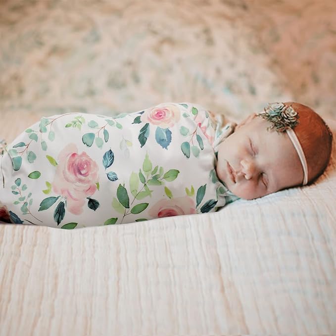 GRSSDER Baby Blankets Super Soft Stretchy Jersey Swaddle Blanket 2 Pack for Baby Girls, Double Layer Reversible Receiving Blankets 34 x 44, Extra Large for Swaddling, Pink Rose & Fruit