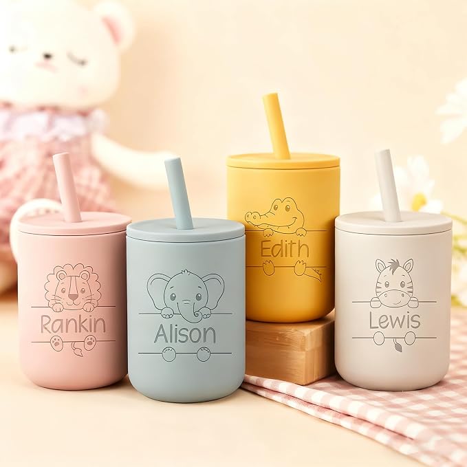 Personalized Silicone Baby Cup with Straw -7oz Leak-Proof, BPA-Free Training Cup for Toddlers - Ideal Baby Shower & Birthday Gift