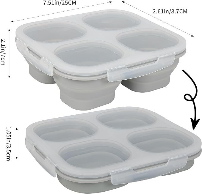 Collapsible Silicone Food Storage Container, 4-Compartment Snack Containers Portion Control with Clip-on Lid, Stackable, Space Saving, Microwave/Fridge/Freezer/Dishwasher Safe (3)