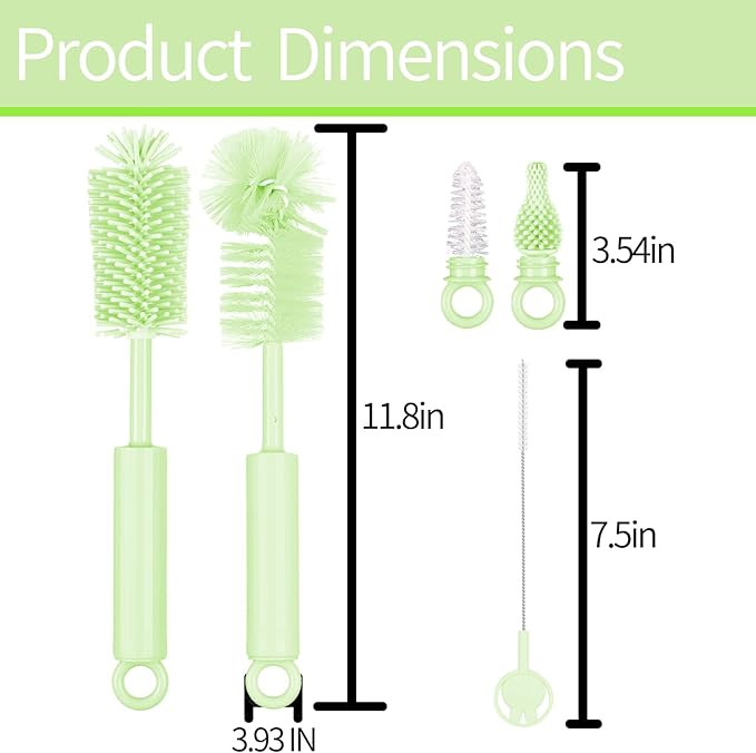 Silicone Bottle Brush Set - 5 in 1 Silicone & Nylon Bottle Cleaner Multipurpose for Straw, Nipple, Thermos, Sport Bottles - Green