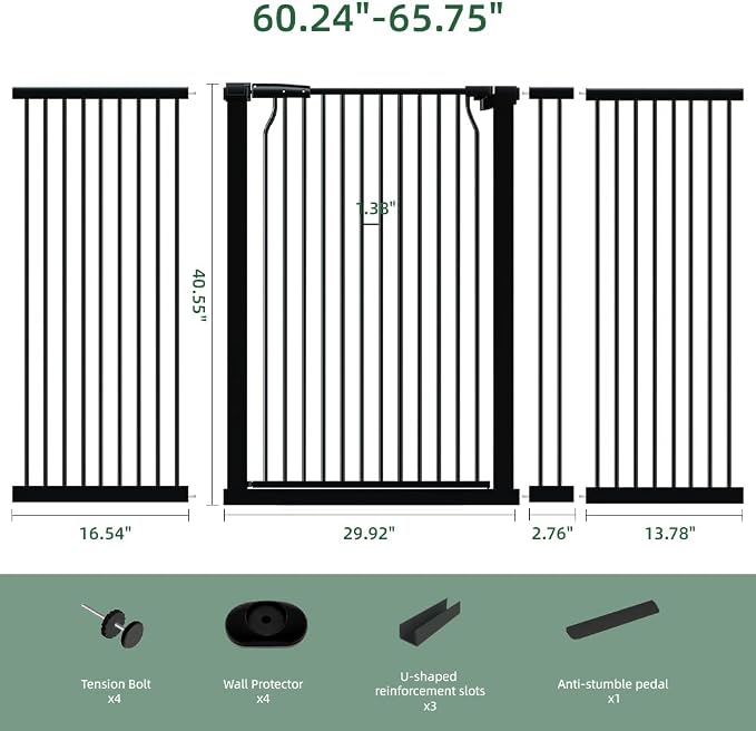 41" Tall Wide Baby Gate for Doorways Stairs, 60.2"-65.7" Extra Tall Dog Pet Gates Pressure Mounted, Large High Child Kid Safety Door Walk Thru, Auto Close Cat Proof Hallway Kitchen Indoor House, Black