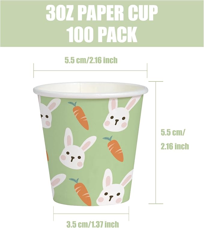 WRAPAHOLIC 3oz Easter Paper Cups - 100 Pack Disposable Bathroom Cups with Carrot Bunny Design, Small Mouthwash Cup for Toothbrush Rinse, Home Bathroom, Easter, Baby Shower and Party
