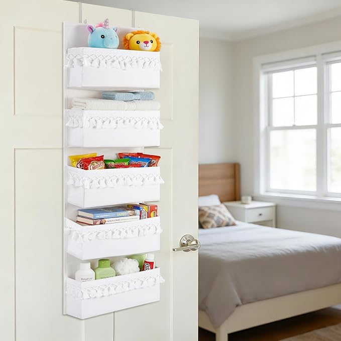 Over The Door Storage Organizer Decor,5 Pockets Hanging Nursery Door Organizer with Tassels Boho Decor,Behind Door Storage for Toys,Bedroom,Bathroom,White