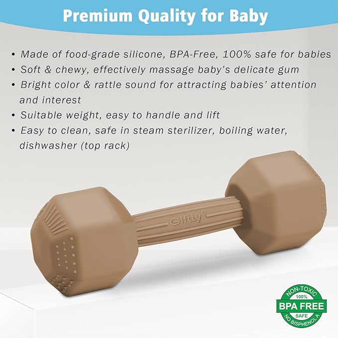 Giftty Baby Dumbbell Toy - Silicone Infant Rattle Teething Toy Teether Toddler Sensory Toy Durable Safe Exercises Workout Weight - Great Gift for Girls and Boys (1pcs - Sandy Brown)
