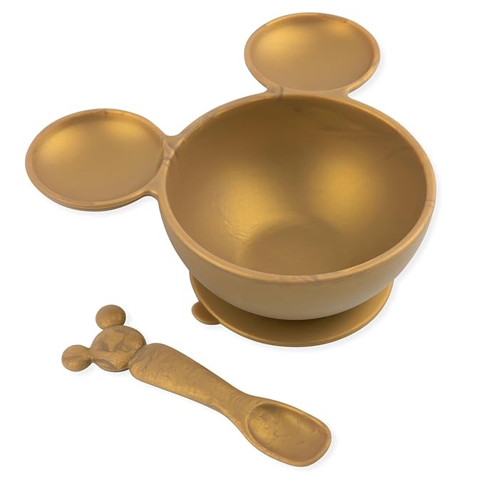 Bumkins Disney Baby Bowl, Silicone Feeding Set with Suction for Baby and Toddler, Includes Spoon, First Feeding Set, Essentials for Baby Led Weaning for Babies Eating 4 Months Up, Minnie Mouse Gold