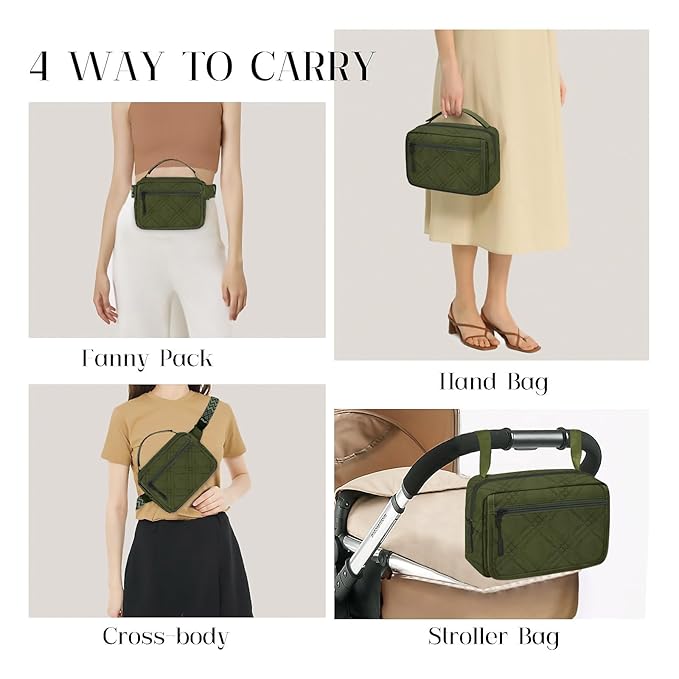 Small Diaper Bag with Portable Changing Pad, Mini Crossbody Diaper FannyPack with Wipes Pocket, Women Waist Bag for Travel (Quilted Olive Green, Large)