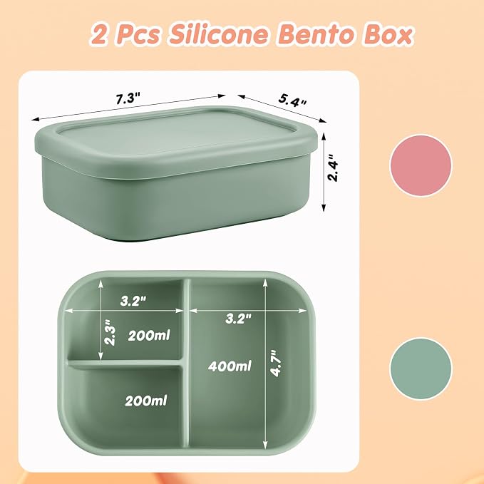 Layhit 2 Pcs Silicone Bento Box for Adults, 27 oz Bento Lunch Container Reusable Food Container for Women Men, Leak Proof Microwave Dishwasher Freezer Safe (3 Compartments,Dark Red,Green)