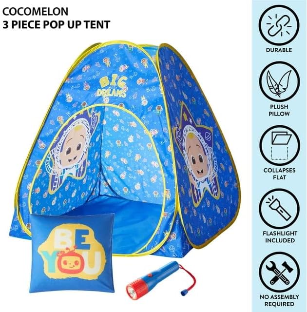 Cocomelon 3-Piece Slumber Set,Kids Indoor/Outdoor Pop Up Play Tent with UPF 30+ Protection, Pillow & Flashlight