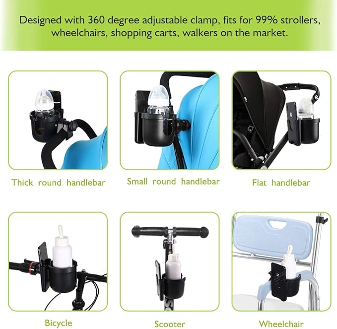 Accmor Stroller Cup Holder with Phone Holder, Bike Cup Holder, Universal Cup Holder for Uppababy Nuna Doona Strollers, 2-in-1 Cup Phone Holder for Stroller Bike Wheelchair Walker Accessory