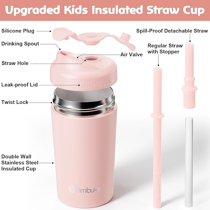 Fimibuke Kids & Toddler Cups, 10 OZ Spill Proof Straw Cups for Toddlers, Leak-Proof Kids Insulated Tumblers with Screw-On Lid & Silicone Straws with Stopper, Stainless Steel Sippy Cup for Girls Boys