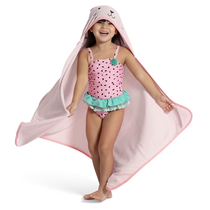 Delta Children Kids Hooded Bath Towel with Pockets - Super Soft and Absorbent- Great Gift for Boys and Girls, Pink Cat