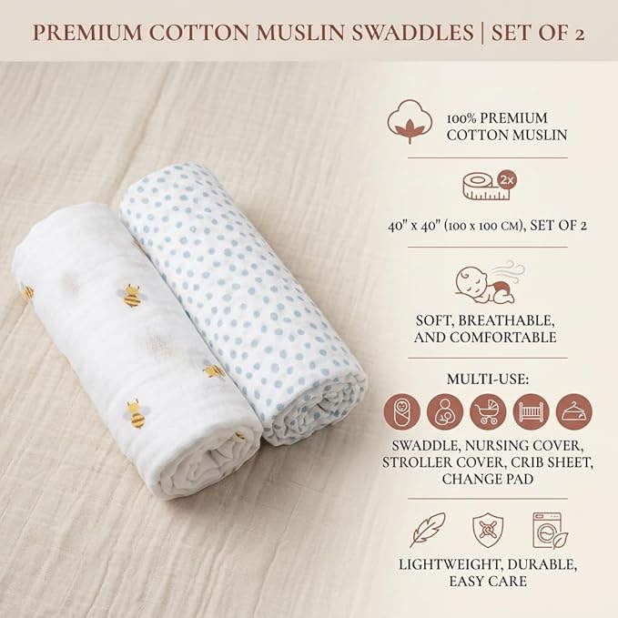 Lulujo Baby Swaddle Blankets | Unisex Softest Breathable Cotton Muslin Swaddle Blanket Set | Neutral Receiving Blanket for Girls & Boys | 40in x 40in | Bees & Dots | 2-Count