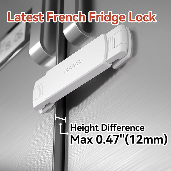 EUDEMON 2 Pack Latest French Fridge Lock French Door Refrigerator/Freezer Lock Apply to Max 3.54"(90mm) Two Door Gap Distance for Kids & Babies,Easy to Install no Tools Need or Drill (White)