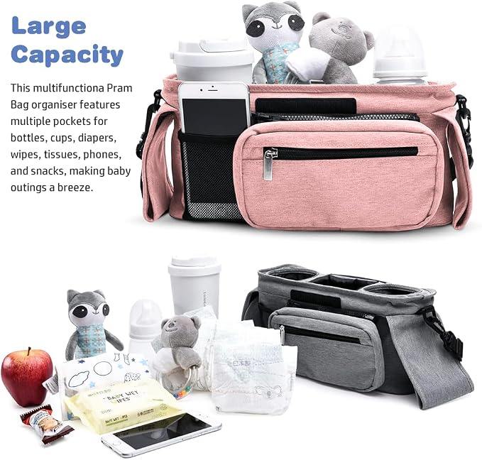 Baby Stroller Organizer, Universal Stroller Organizer with Detachable Phone Bag, Stroller Caddy with 2 Insulated Cup Holders, Buggy Organizer Bag with 2 Hooks Fits Most Strollers (Pink)