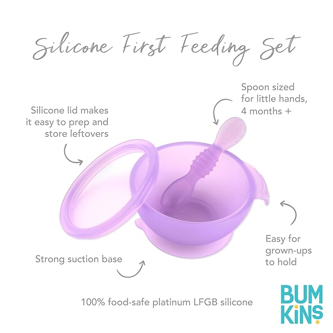 Bumkins Feeding Set with Suction, Includes Spoon and Lid, Training Essentials for Baby-Led Weaning, Toddler Self-Feeding, Babies Eating at 4 Mos Up, Purple Jelly