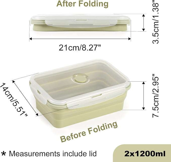 Collapsible Silicone Food Containers 1200ml 2 Pack Leakproof | Meal Prep Bowls for Kitchen & Camping, Airtight Lids, Microwave Freezer Dishwasher Safe, BPA free
