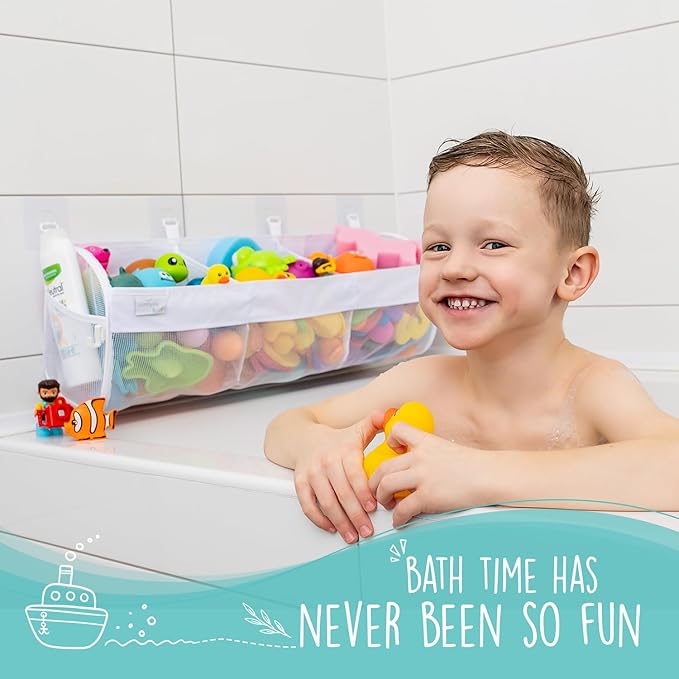 Comfylife Large Bath Toy Organizer ??3 Compartment Bath Toy Holder for Bathtub & Shower ??Quick-Dry Mesh with 4 Strong Adhesive Hooks ??Kids Toys Storage Net for Bathroom, shower & Tub