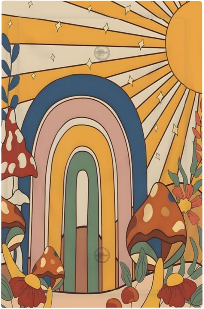 Boho Sun Rainbow Mushroom Hippie Vintage Floral Light Switch Cover Plate 1 Gang No Device Blank Electrical Wall Plates Faceplate Decorative Switch Plate Covers for Kids Room Nursery Decor