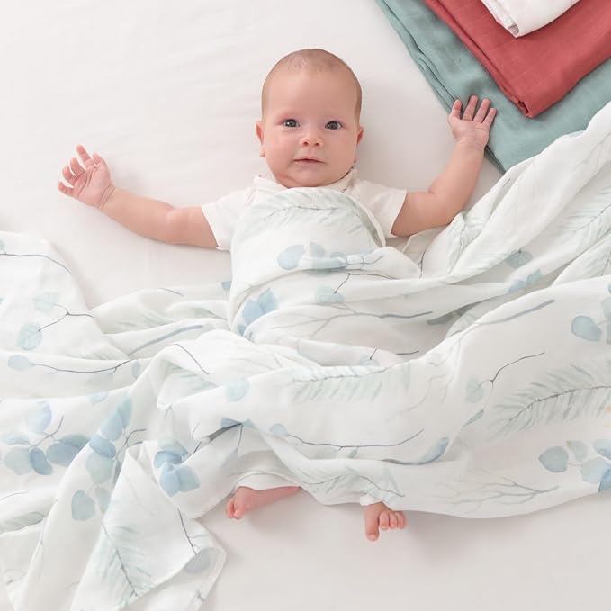 Insular Muslin Swaddle Blanket, Baby Swaddle Wrap for Boys and Girls, Receiving Blanket Large 47 x 47 inches, Baby Essentials, 2 Pack, Green&Plants