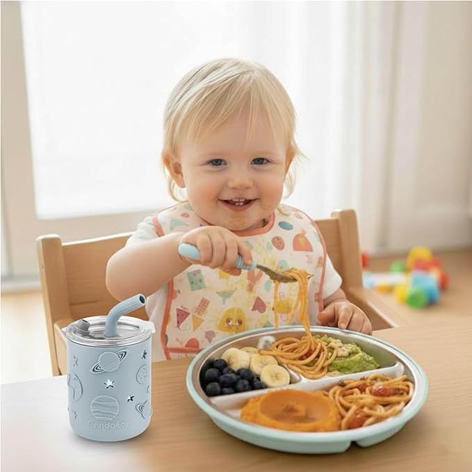 PandaEar Stainless Steel Baby Feeding Set | 2 Divided Suction Plates, 2 Spill-Proof Straw Cups with Silicone Sleeves, 2 Forks & 2 Spoons | Toddler Utensils for Baby Led Weaning, BPA-Free (Blue & Grey)