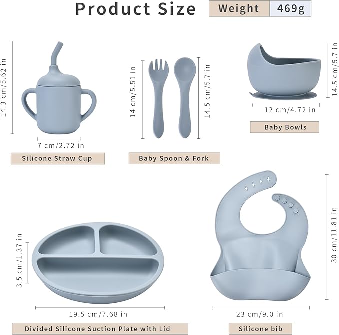 Baby Silicone Feeding Set, Baby Weaning Set, Baby Essentials, Includes Baby Spoons, Baby Bibs, Suction Plates for Babyï¼?Baby Bowls, Food Grade Silicone, BPA Free (A-1)