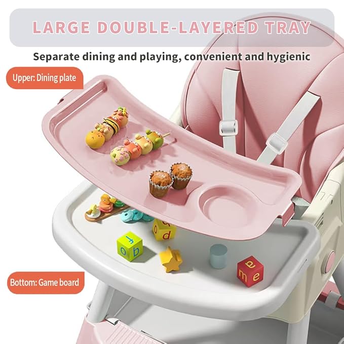 High Chairs for Babies and Toddlers, 4 in 1 Convertible Baby High Chair, Portable High Chair for Travel with Adjustable Height and Back, Foldable HighChair with Wheels& Pu Cushion