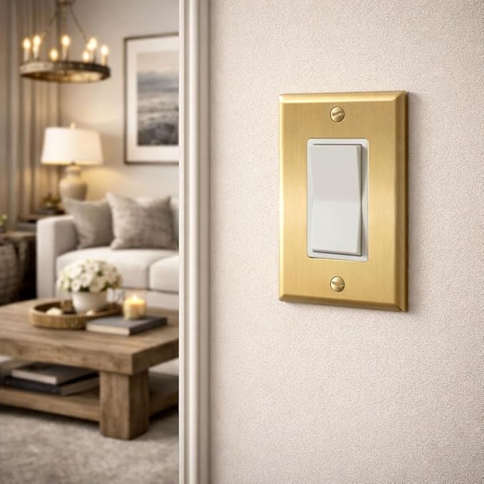 Rio Salto BRASS Signature Collection Brushed Brass Gold Metal Outlet Cover, Decorative Light Switch Cover Plate Wall Plate, Premium, Rocker 1-Gang, 2.75" X 4.50" Standard Size, 5-Pack
