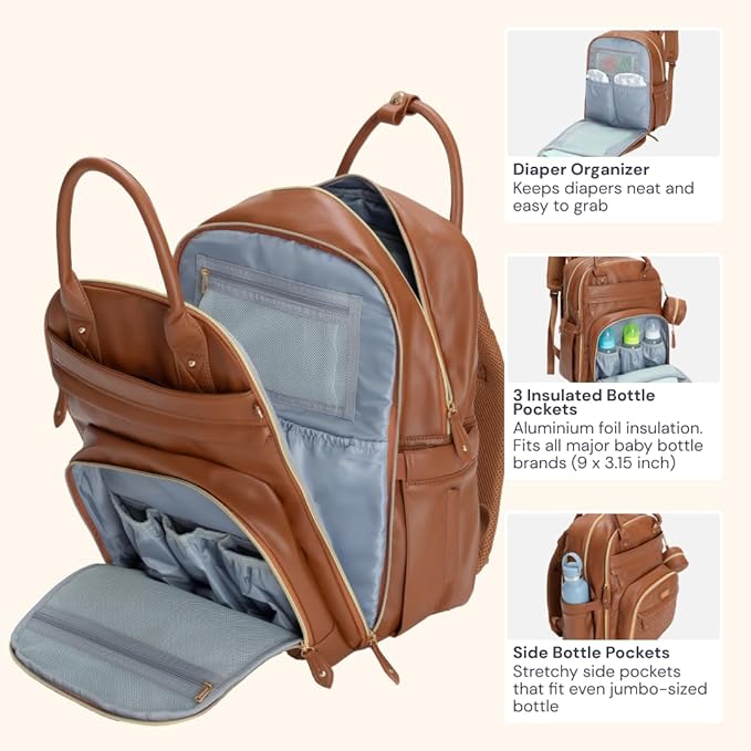 BabbleRoo Leather Diaper Bag Backpack - Baby Essentials Travel Baby Bag, Multi function, Water Resistant, with Changing Pad, Stroller Straps & Pacifier Case ??Unisex, Natural Brown