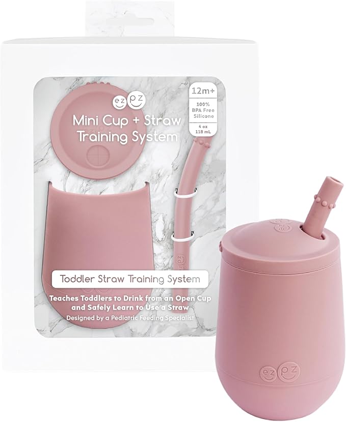 ezpz Mini Cup + Straw Training System (Blush) - 9 Months+ - 100% Silicone Training Cup for Infants + Toddlers - Designed by a Pediatric Feeding Specialist