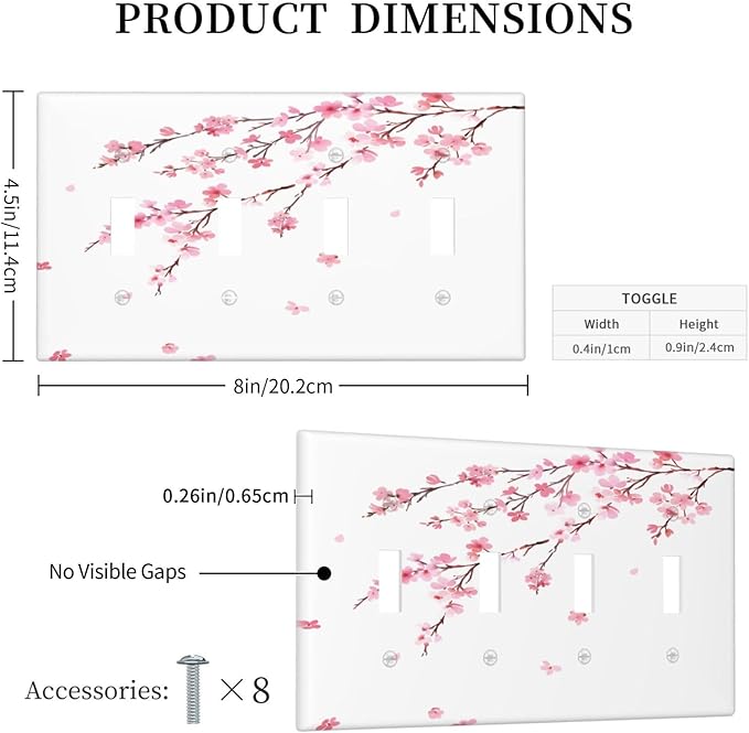 Watercolor Cherry Blossoms Flowers Pink Floral Light Switch Covers Quad Toggle Electrical Faceplate 4 Gang Wall Plate Decorative Switch Plates Cover for Bedroom Living Room Decor