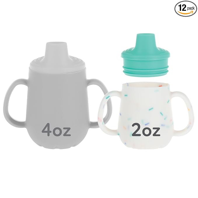 Nuby First Training Cup - Silicone Cup with Free-Flow Spout and Easy-Grip Design - 2 oz - 6+ Months - Aqua and Sprinkles (Pack of 12)