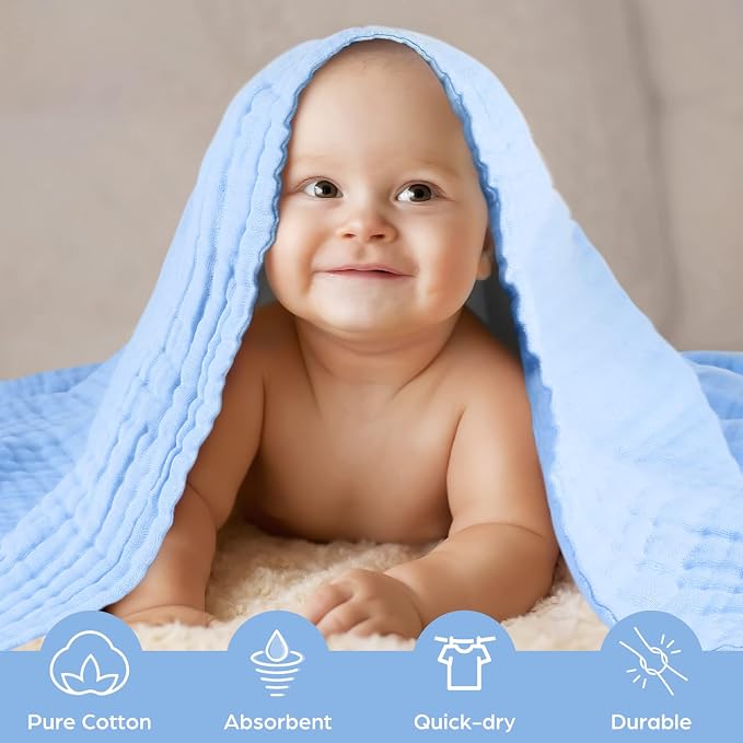 MUKIN Baby Bath Towels, Super Soft Cotton Receiving Blanket for Baby's Delicate Skin,2Pack Swaddle Blanket for Newborns Toddlers Boy Girl,Baby Registry as Shower (White+Blue)