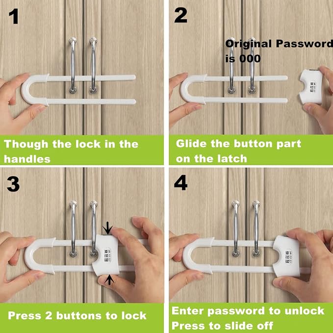 4 Pack Child Proof Sliding Cabinet Door Code Locks Baby Safety Cupboard Locks Adjustable U Shaped Cabinet Latches for Knob Handle Drawers Closet Plastic (4 PCS, White)