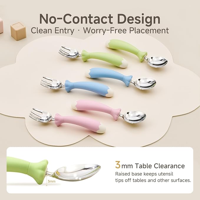 KINGSTONE Toddler Utensils with Case, Kids Silverware Set with Silicone Handles, 18/10 Stainless Steel Children Safe Forks and Spoons, Travel Carrying Cases BPA Free, Dishwasher Safe (green)