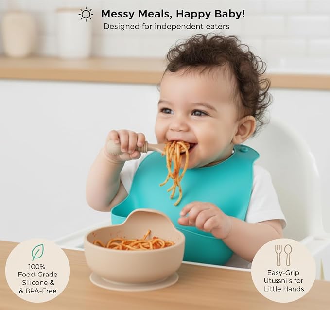 2 PCS Baby Silicone Spoons Infant, Toddler, & Kid Friendly Utensils - First Stage, Baby Led Weaning - 4 Pack Utensil Set (Blue + Brown)