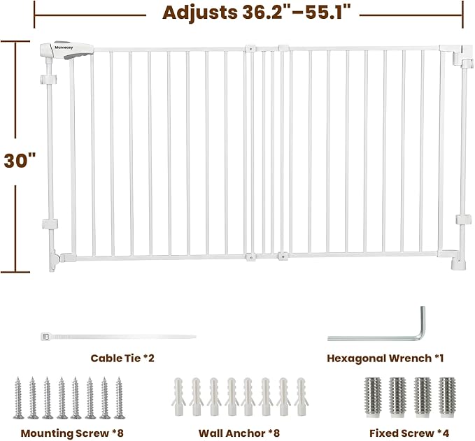 Mumeasy 30" Tall Baby Gate for Stairs, 36.2-55.1" Expandable Hardware Mounted (Drill Needed), Removable No Bottom Bar Dog Gate, Auto Close Wide Walk Thru Safety Gate for Doorways, Pets& Toddlers,White