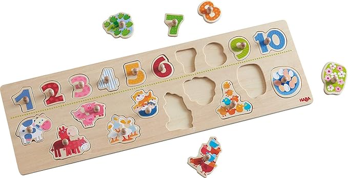 HABA Clutching Animals 20 Piece Wooden Peg Puzzle Reinforces Numbers 1-10