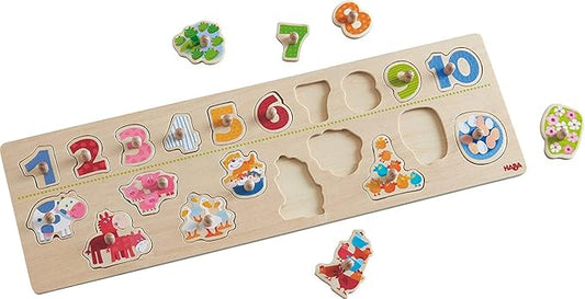 HABA Clutching Animals 20 Piece Wooden Peg Puzzle Reinforces Numbers 1-10