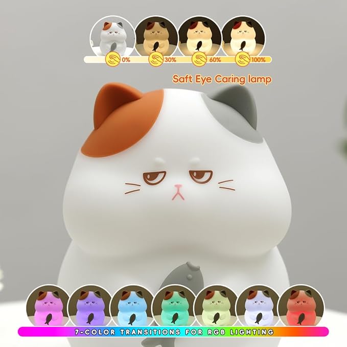 Cat Night Light for Kids, Squishy Silicone Cat Night Lamp, 7 Colors 3 Dimmable LED Night Light Nursery Decor, Toddler Night Lights for Bedroom, Rechargeable Nightlight Room Decor, Gifts for Girls Boys