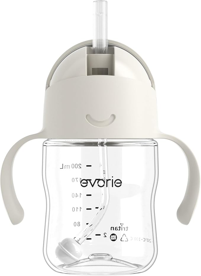 Evorie Tritan Weighted Straw Sippy Cup with Handles for Baby and Toddlers, Spill Proof Baby Water Bottle with Straw for 6 months and up, 7 Oz, Infant Training Water Bottle (Cream Beige)