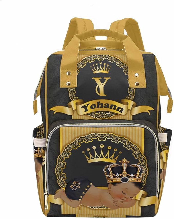 M YESCUSTOM Personalized Baby Diaper Bags for Women Men, Custom Golden Black Prince Backpack Customized Nappy Mommy Bag Backpack for Son Daughter Travel, Camping, Hiking Picnic