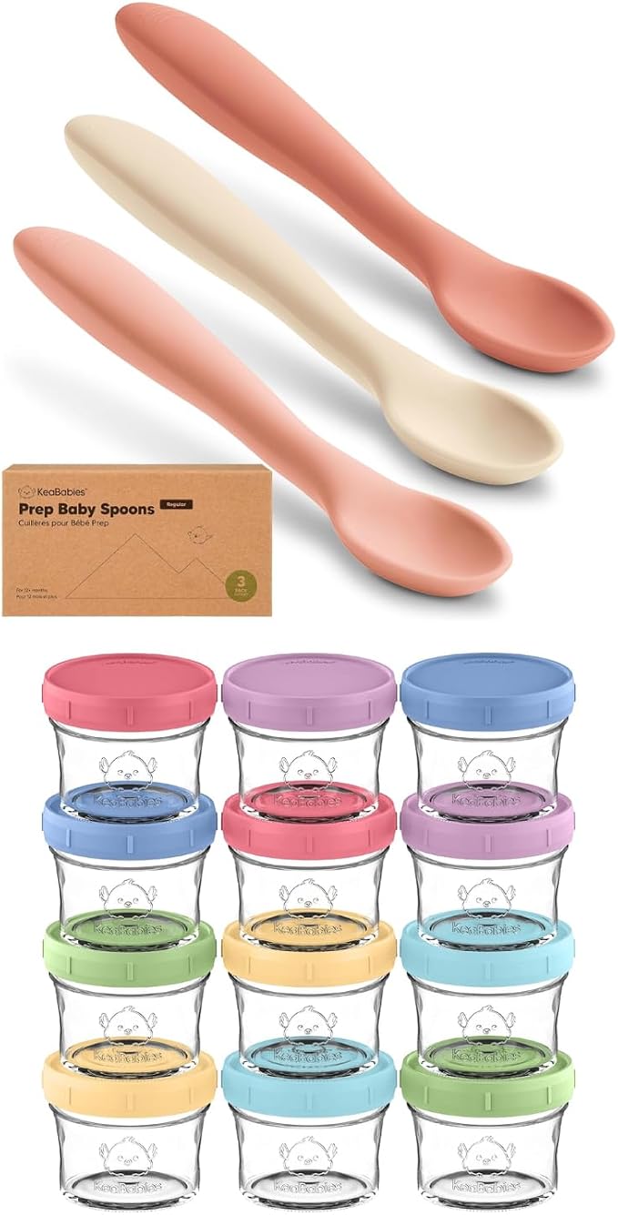 KeaBabies 3-Pack Silicone Baby Spoons and 12-Pack Baby Food Containers - Toddler First Food Training Spoon - 4 oz Leak-Proof, Microwavable Feeding Container