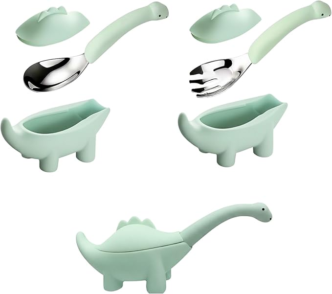 Baby Fork and Spoon Set, Cute Dinosaur Shape Premium Stainless Steel Silicone Toddler Utensils, Encourage Self Feeding, Playful & Fun, Safe, BPA Free, Easy Grip, Dishwsher Safe, Perfect Baby Gift