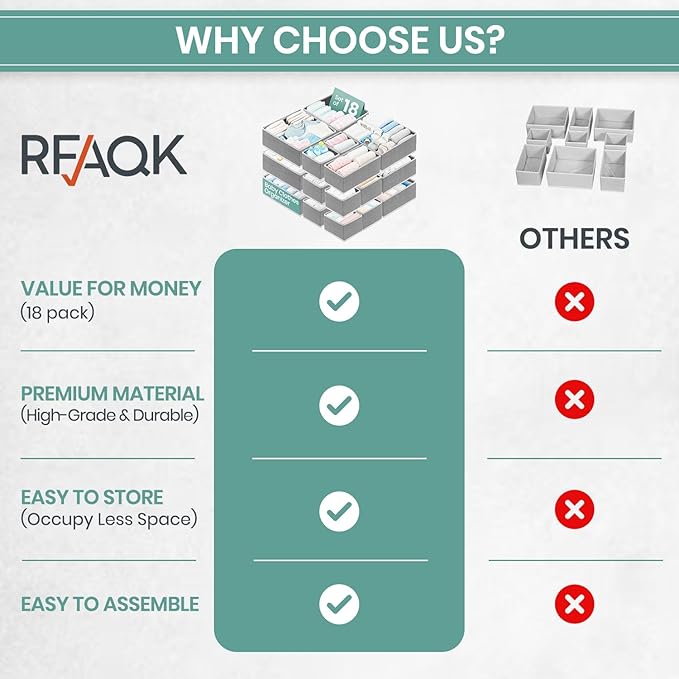 RFAQK 18 Pack Drawer Organizer Clothes-3 Sizes Dresser Organizer for Underwear Closet, Baby Clothes Organizer for Wardrobe-Foldable Fabric Drawer Dividers for Bedroom,Lingerie,Undies,Bra-Grey