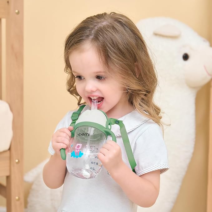 Oberni Tritan Sippy Cup, 270ml/9oz Baby Water Drinking Bottle with Removable Handle and Strap, Leak-Proof Training Cup for 12M+/1 Years+ Toddlers, Green/Pack of 3