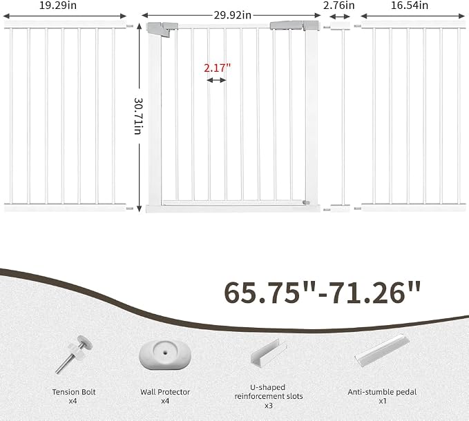 Extra Wide Dog Gate for Doorways Hallways 71.2"-76.7", 30 in Tall Baby Gates with Door No Drill, Auto Close Child Safety Gate for Pet Kid Doggie Cat Proof, Large Long Dog Barrier Indoor House, White