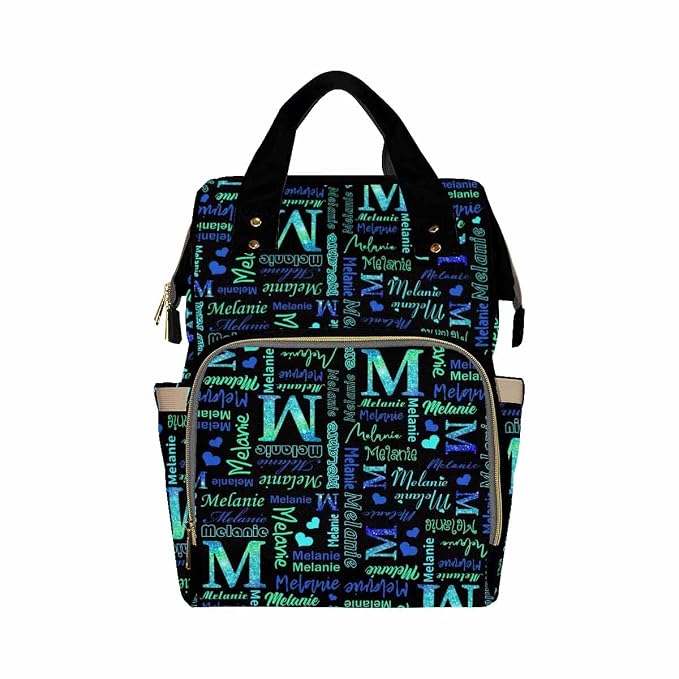 InterestPrint Custom Name Diaper Bag Personalized Black Blue Green Glitter Logo Text Nappy Bags Customized Signature Diapering Bag Backpack Casual Daypack Travel Shoulder Bag for Hiking Camping Work