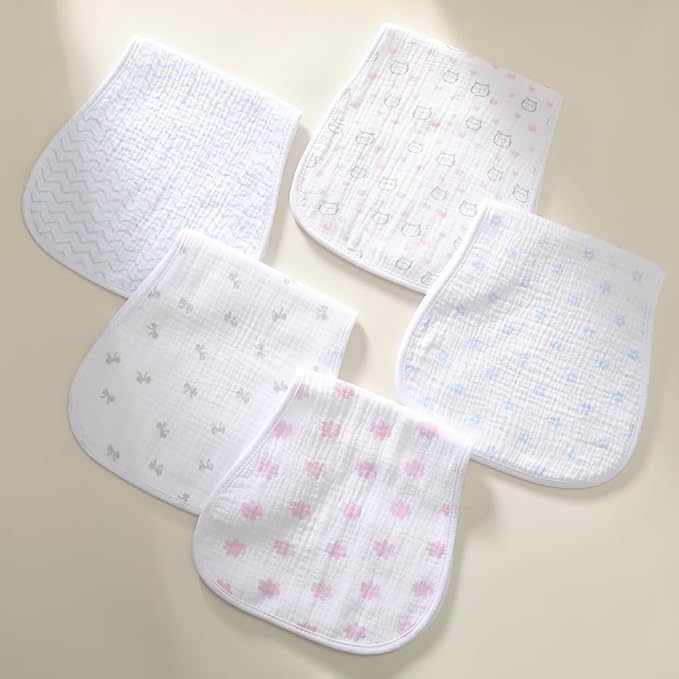 sleepyturtle 5 Pack Baby Burp Cloths, Unisex Newborn Burping Cloths, Soft and Absorbent Muslin Cotton, Large Size for Newborn, (Pink-cjl)